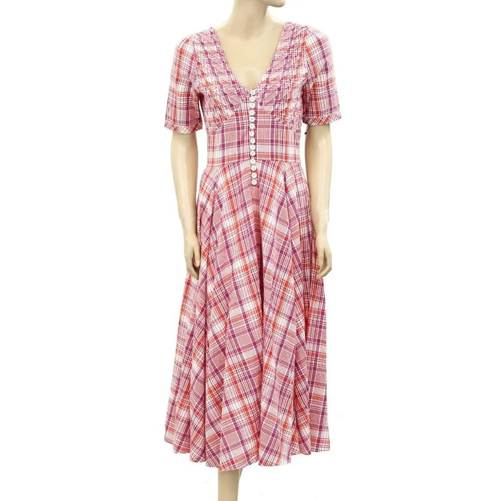 No.6 Paola Circle Plaid & Check Printed Fit & Flare Midi Dress S - Picture 7 of 10